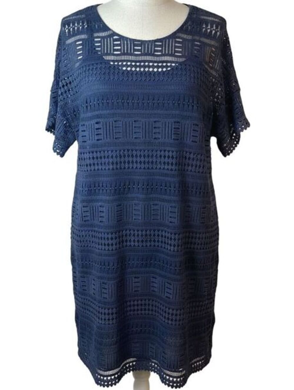 Vince Black Cotton Lace Openwork Shift Dress Size 10 Short Sleeve Lined